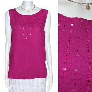 Vintage Y2K 100% Linen Magenta Beaded Susan Bristol Tank Top Medium Beachy Boho